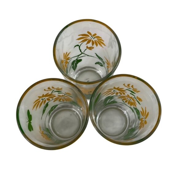 Set Of 3 Vintage Floral Drinking Glasses Yellow Daisy & Butterfly Design - Picture 4 of 8